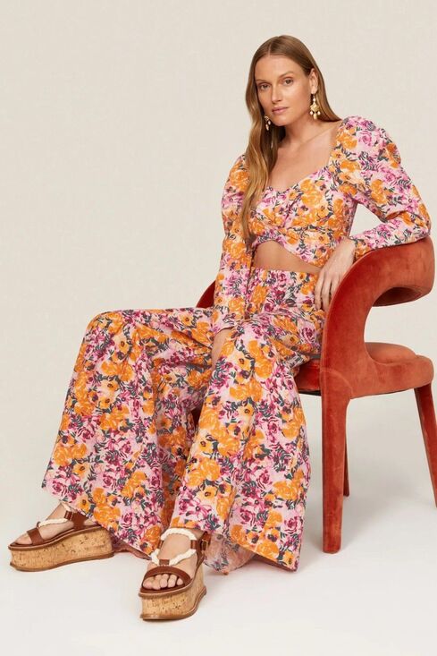Something Navy Tops - NWT Something Navy Linen Blend Set Crop Blouse Printed Flare Leg Pants Sz Medium